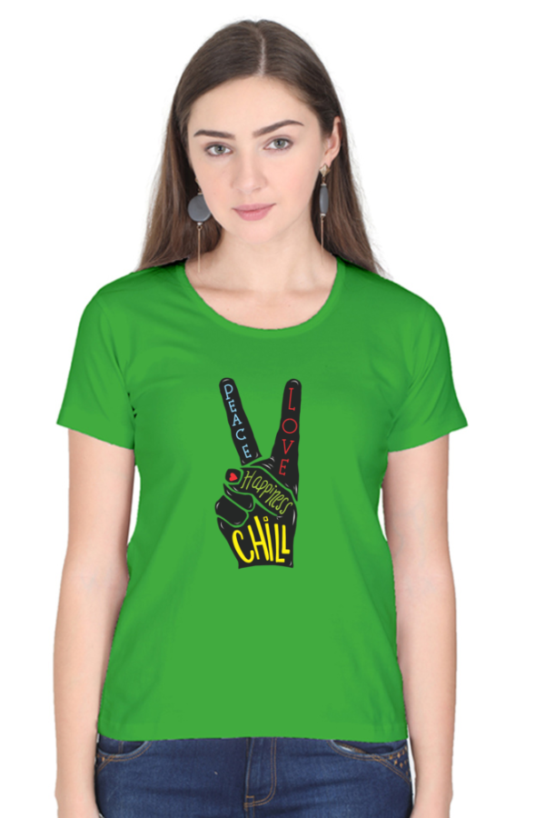 Women's Round Neck Half Sleeve T-shirt 'Peace Love Happiness'