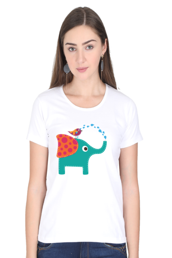 Women's Round Neck Half Sleeve T-shirt 'Cute Elephant & Bird'