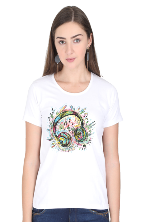 Women's Round Neck Half Sleeve T-shirt 'Colorful Headphone'