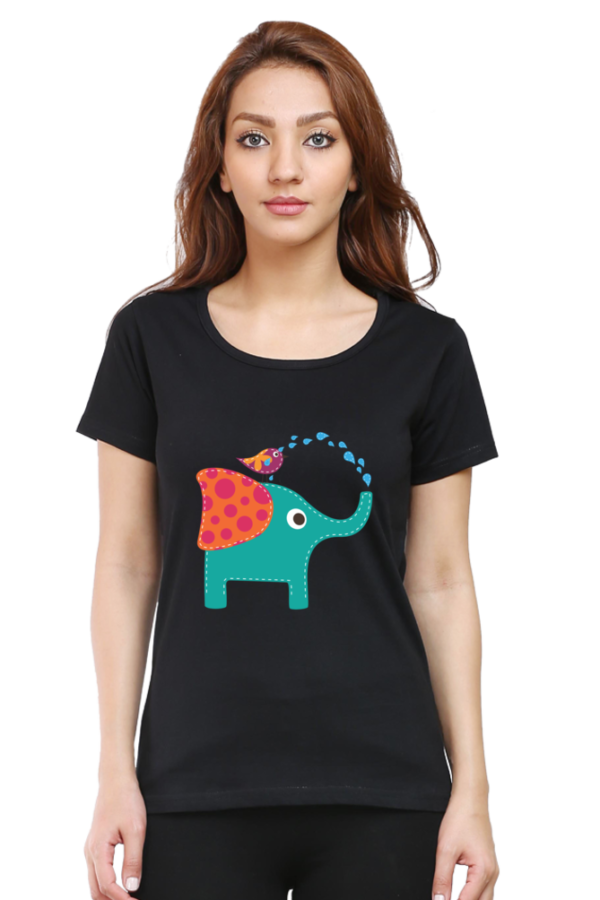 Women's Round Neck Half Sleeve T-shirt 'Cute Elephant & Bird'
