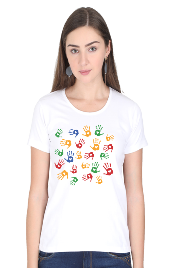 Women's Round Neck Half Sleeve T-shirt 'Colorful Hand Prints'