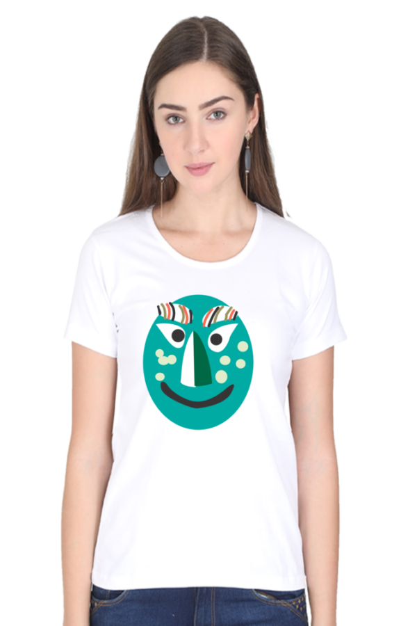 Women's Round Neck Half Sleeve T-shirt 'Turqoise Mask'