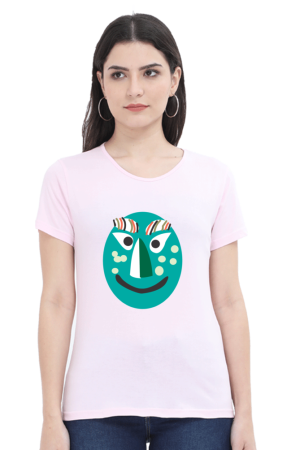 Women's Round Neck Half Sleeve T-shirt 'Turqoise Mask'