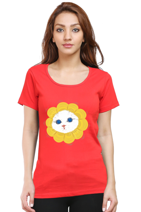 Women's Round Neck Half Sleeve T-shirt 'Cutie Cat Flower'