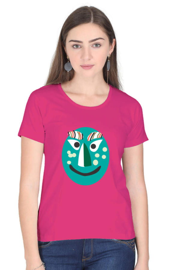 Women's Round Neck Half Sleeve T-shirt 'Turqoise Mask'