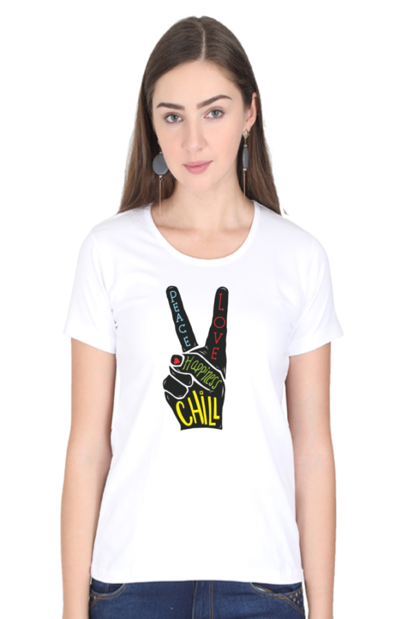 Women's Round Neck Half Sleeve T-shirt 'Peace Love Happiness'