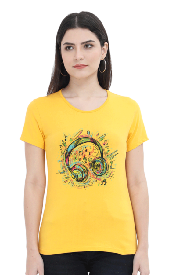 Women's Round Neck Half Sleeve T-shirt 'Colorful Headphone'