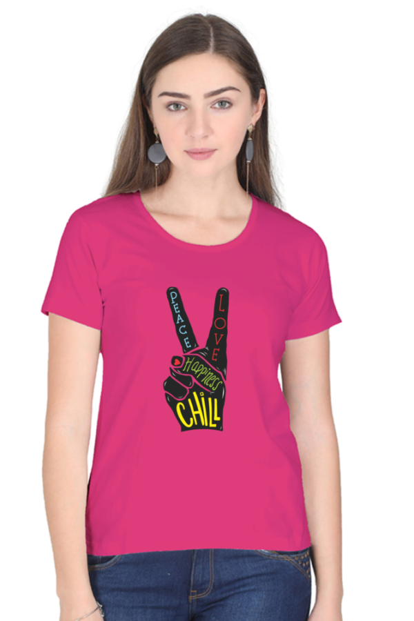 Women's Round Neck Half Sleeve T-shirt 'Peace Love Happiness'