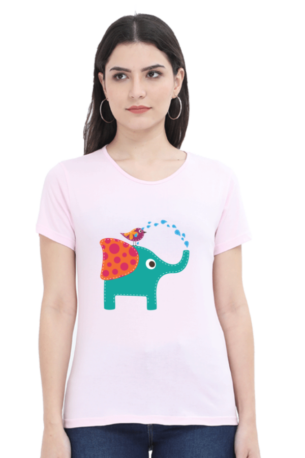 Women's Round Neck Half Sleeve T-shirt 'Cute Elephant & Bird'