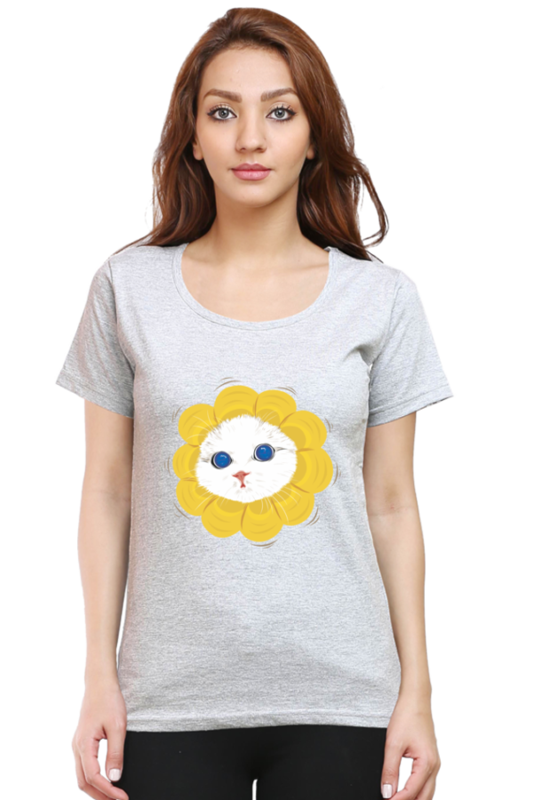 Women's Round Neck Half Sleeve T-shirt 'Cutie Cat Flower'