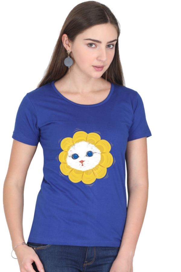 Women's Round Neck Half Sleeve T-shirt 'Cutie Cat Flower'
