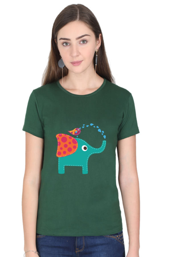 Women's Round Neck Half Sleeve T-shirt 'Cute Elephant & Bird'