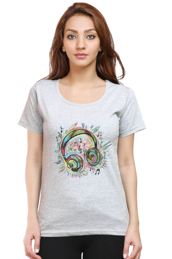 Women's Round Neck Half Sleeve T-shirt 'Colorful Headphone'