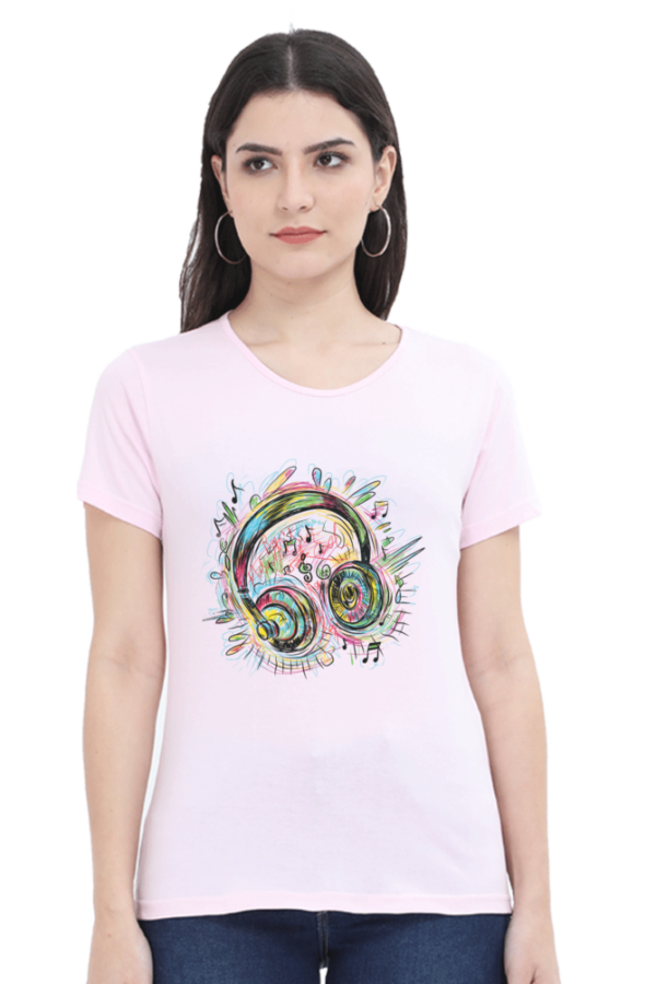 Women's Round Neck Half Sleeve T-shirt 'Colorful Headphone'