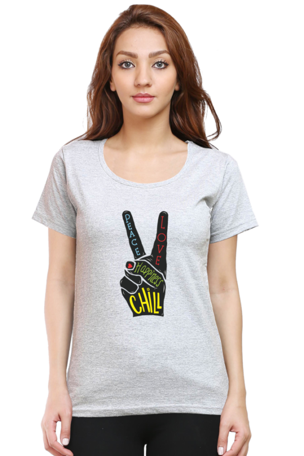 Women's Round Neck Half Sleeve T-shirt 'Peace Love Happiness'