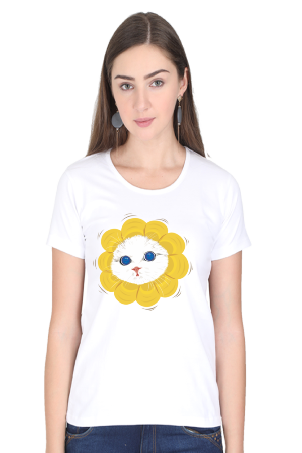 Women's Round Neck Half Sleeve T-shirt 'Cutie Cat Flower'