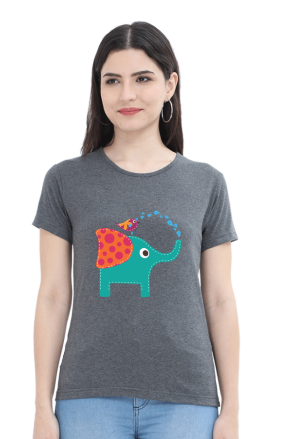 Women's Round Neck Half Sleeve T-shirt 'Cute Elephant & Bird'