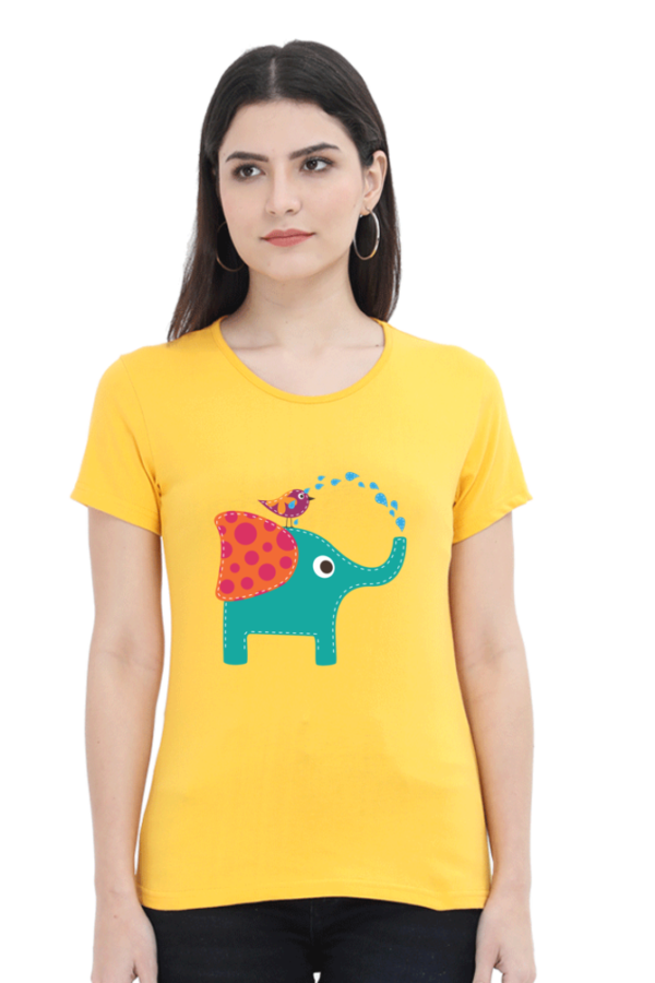 Women's Round Neck Half Sleeve T-shirt 'Cute Elephant & Bird'