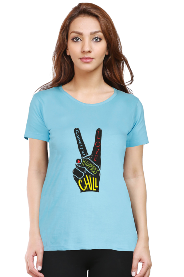 Women's Round Neck Half Sleeve T-shirt 'Peace Love Happiness'
