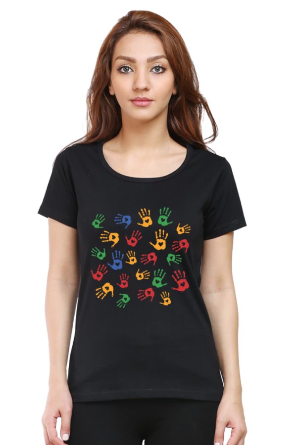 Women's Round Neck Half Sleeve T-shirt 'Colorful Hand Prints'