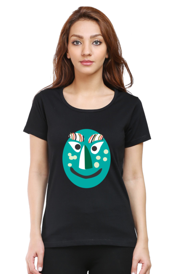 Women's Round Neck Half Sleeve T-shirt 'Turqoise Mask'