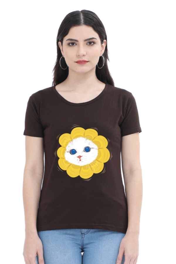 Women's Round Neck Half Sleeve T-shirt 'Cutie Cat Flower'